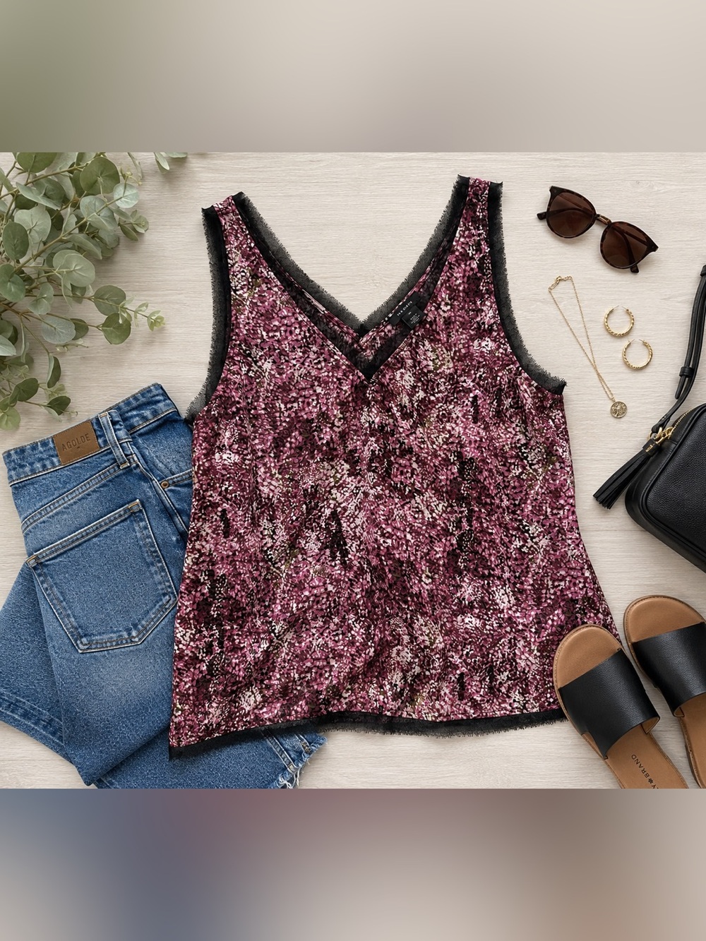 V-Neck Floral Mosaic Sleeveless Top - Pink